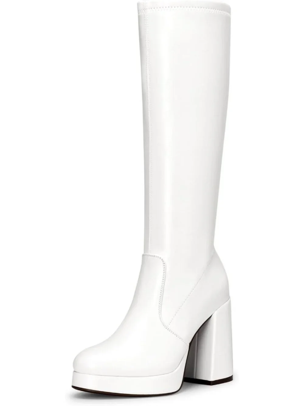 Women's White Chunky Platform Heel Round Toe Side Zipper Knee High Boots